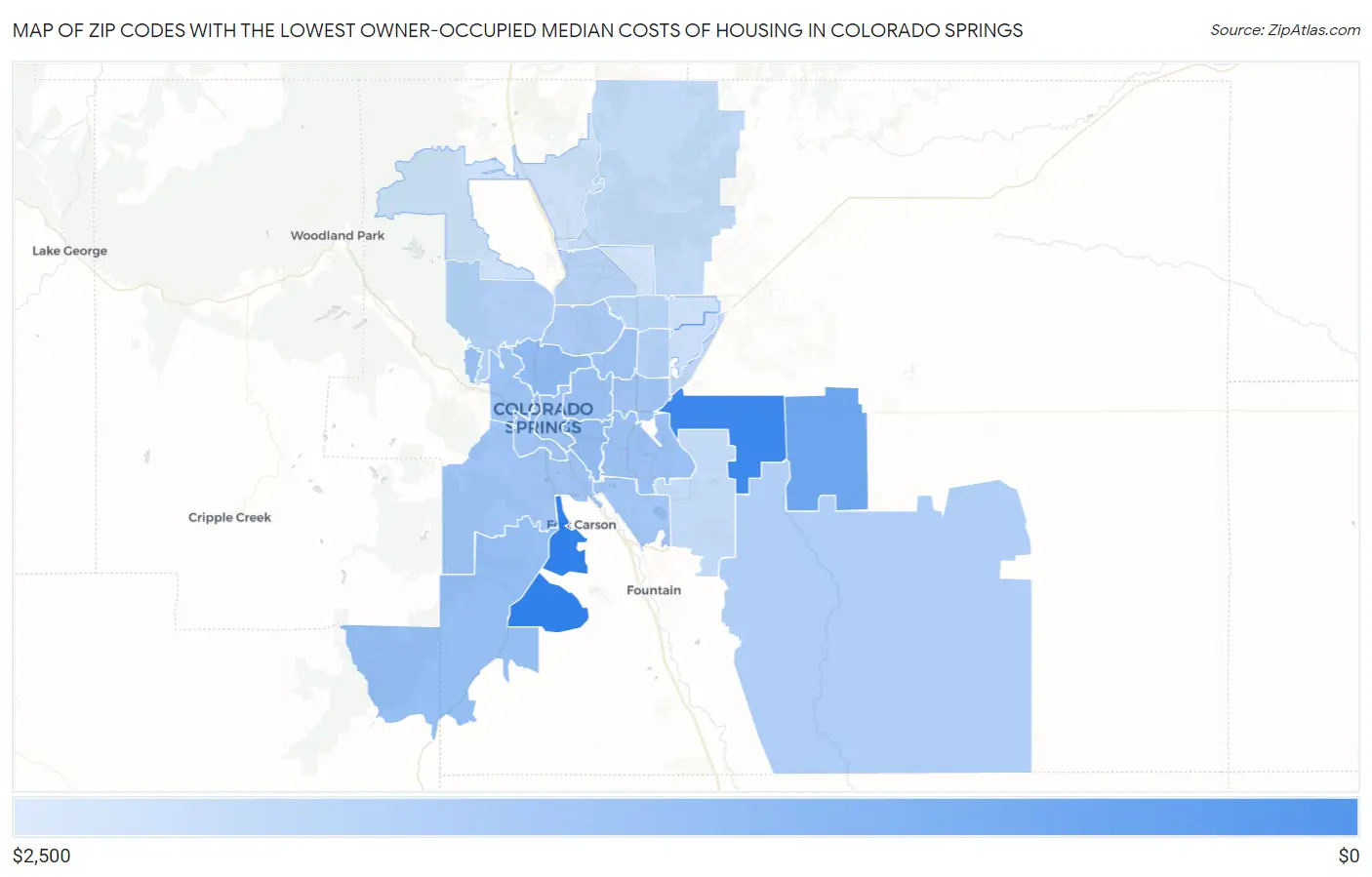 Zip Codes with the Lowest Owner-Occupied Median Costs of Housing in Colorado Springs Map
