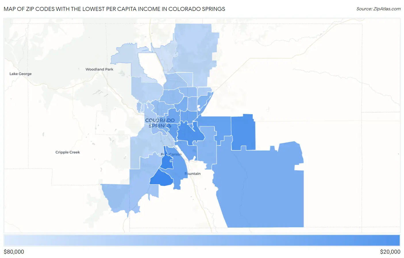 Zip Codes with the Lowest Per Capita Income in Colorado Springs Map