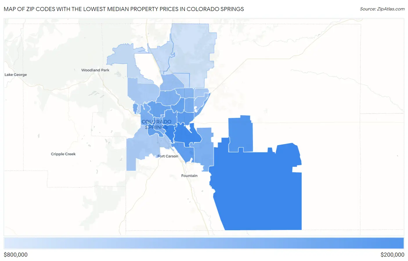 Zip Codes with the Lowest Median Property Prices in Colorado Springs Map