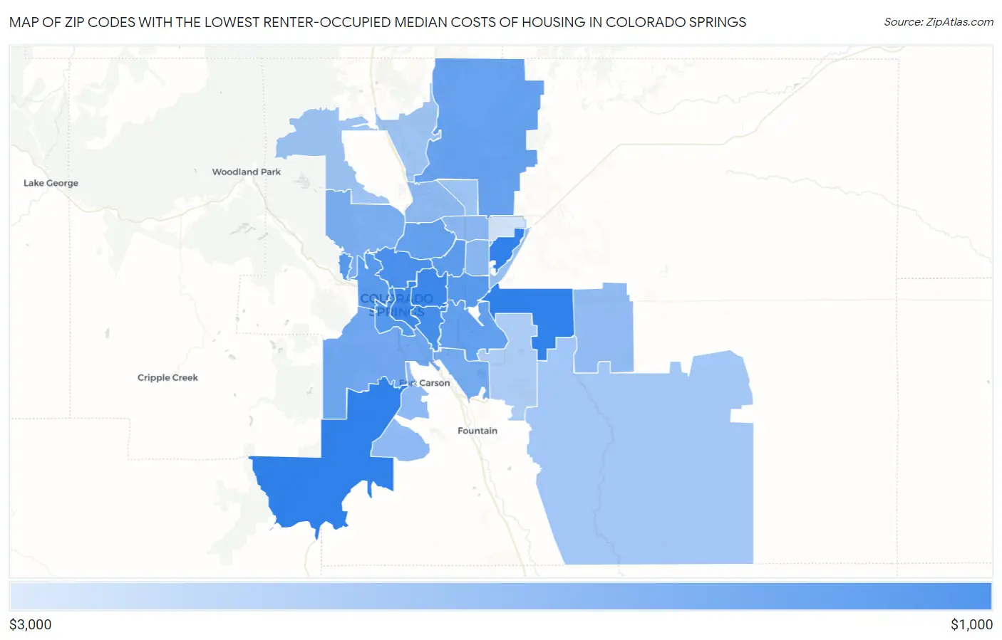 Zip Codes with the Lowest Renter-Occupied Median Costs of Housing in Colorado Springs Map