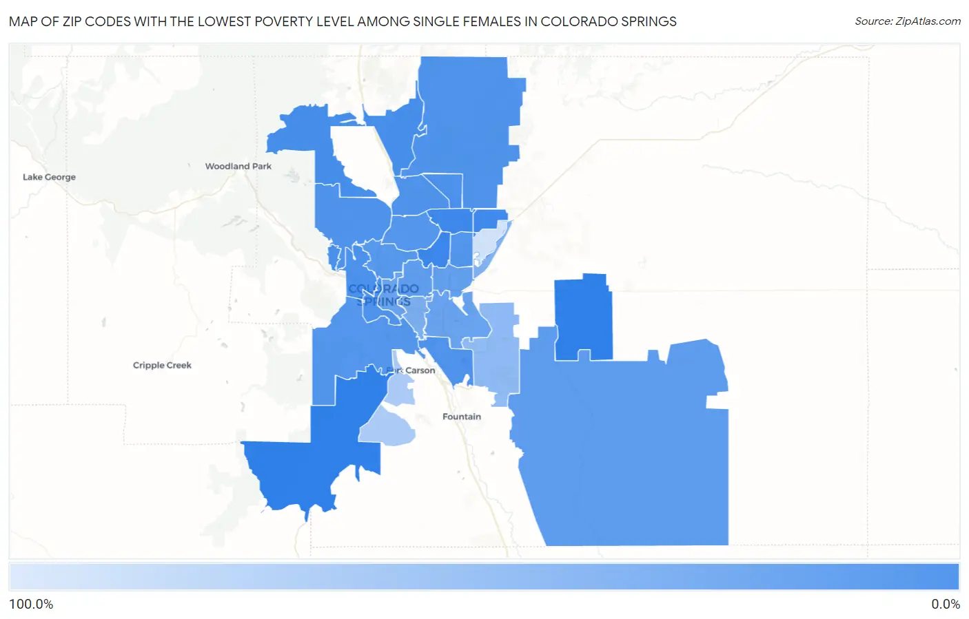 Zip Codes with the Lowest Poverty Level Among Single Females in Colorado Springs Map