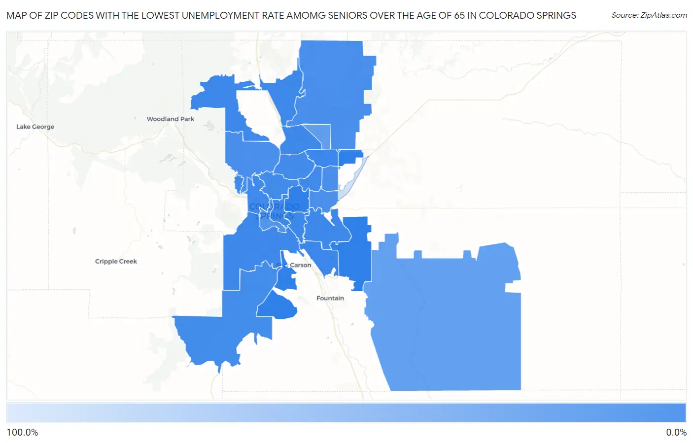 Zip Codes with the Lowest Unemployment Rate Amomg Seniors Over the Age of 65 in Colorado Springs Map