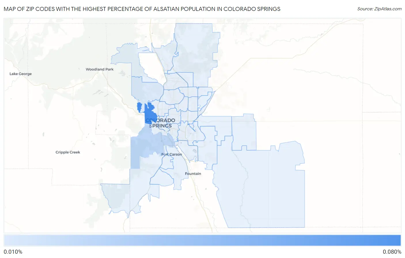 Zip Codes with the Highest Percentage of Alsatian Population in Colorado Springs Map