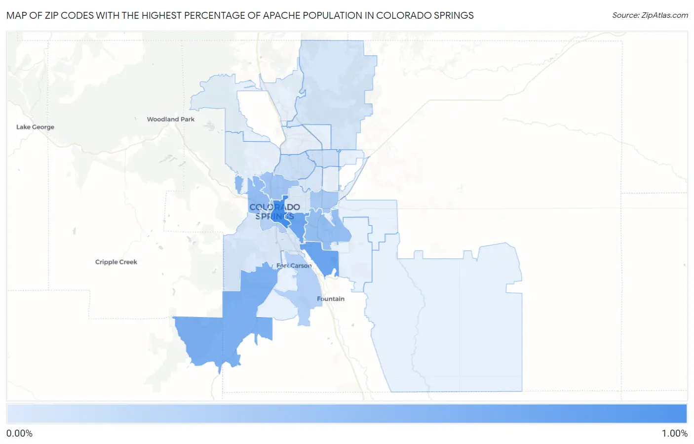 Zip Codes with the Highest Percentage of Apache Population in Colorado Springs Map