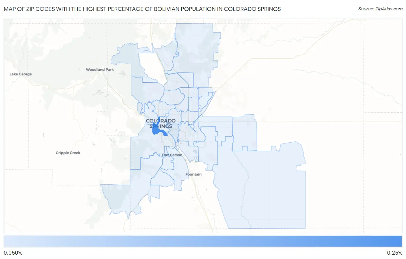 Zip Codes with the Highest Percentage of Bolivian Population in Colorado Springs Map