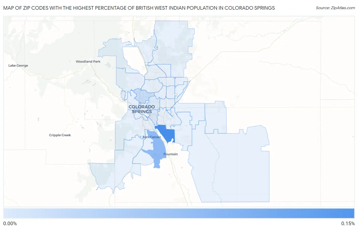 Zip Codes with the Highest Percentage of British West Indian Population in Colorado Springs Map