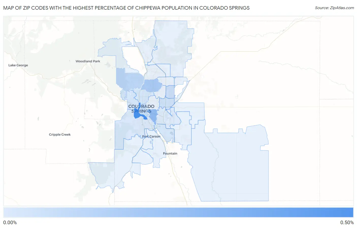 Zip Codes with the Highest Percentage of Chippewa Population in Colorado Springs Map