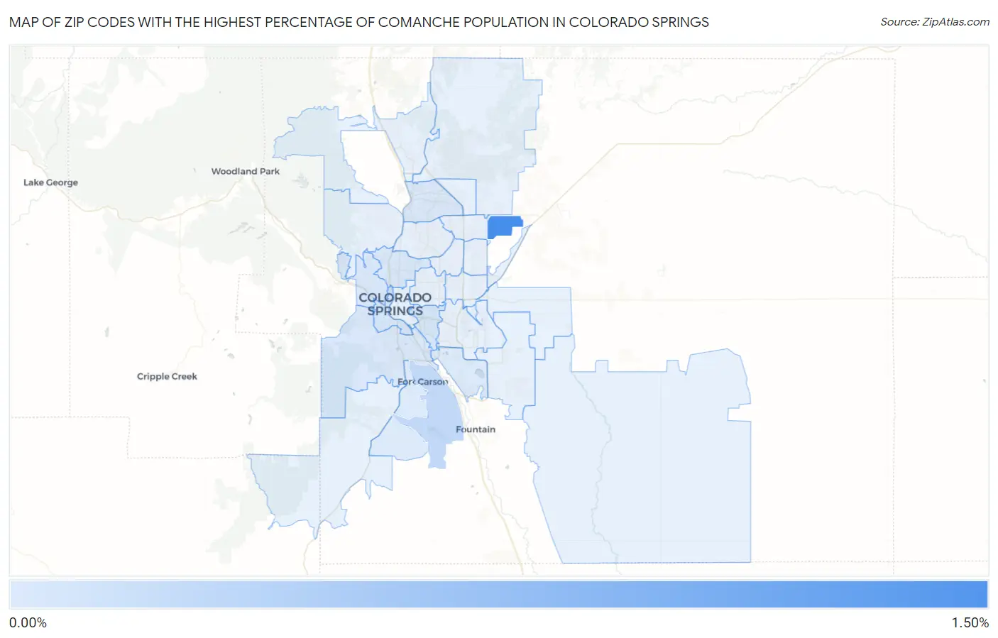 Zip Codes with the Highest Percentage of Comanche Population in Colorado Springs Map