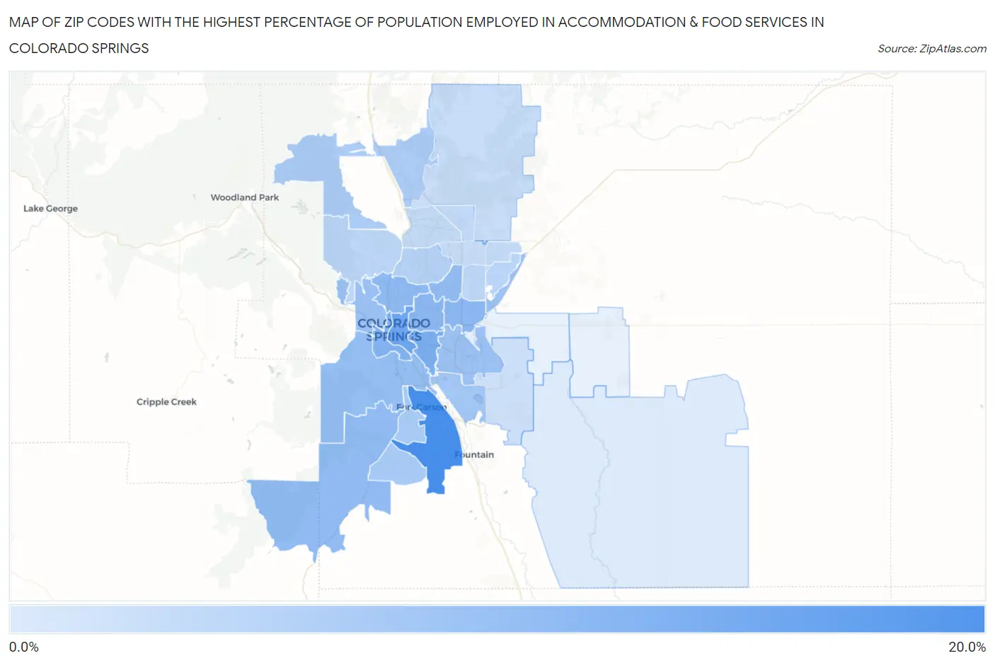 Zip Codes with the Highest Percentage of Population Employed in Accommodation & Food Services in Colorado Springs Map