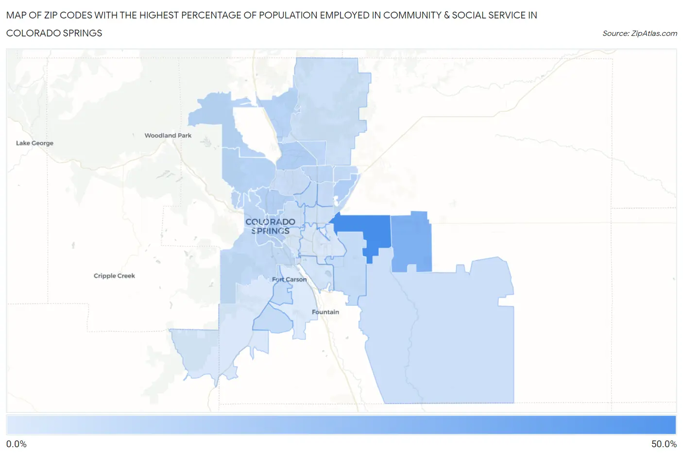 Zip Codes with the Highest Percentage of Population Employed in Community & Social Service  in Colorado Springs Map