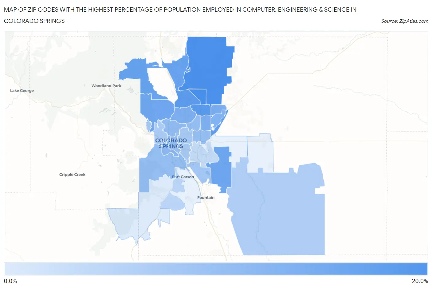 Zip Codes with the Highest Percentage of Population Employed in Computer, Engineering & Science in Colorado Springs Map