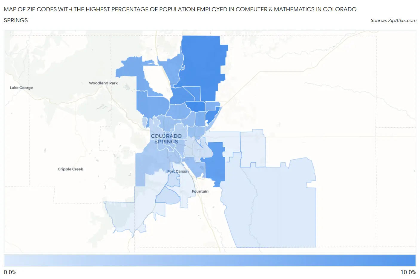 Zip Codes with the Highest Percentage of Population Employed in Computer & Mathematics in Colorado Springs Map