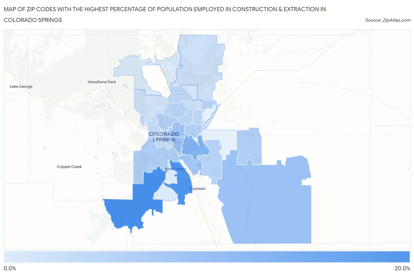 Zip Codes with the Highest Percentage of Population Employed in Construction & Extraction in Colorado Springs Map