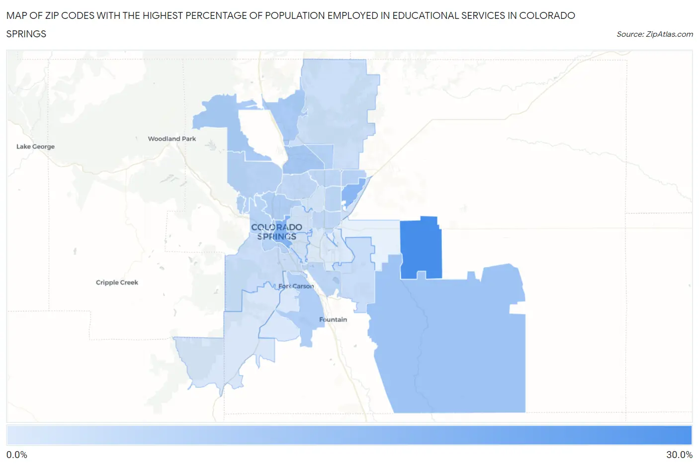 Zip Codes with the Highest Percentage of Population Employed in Educational Services in Colorado Springs Map