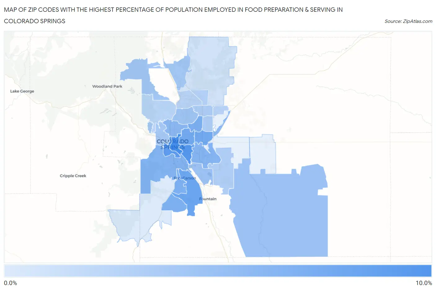 Zip Codes with the Highest Percentage of Population Employed in Food Preparation & Serving in Colorado Springs Map