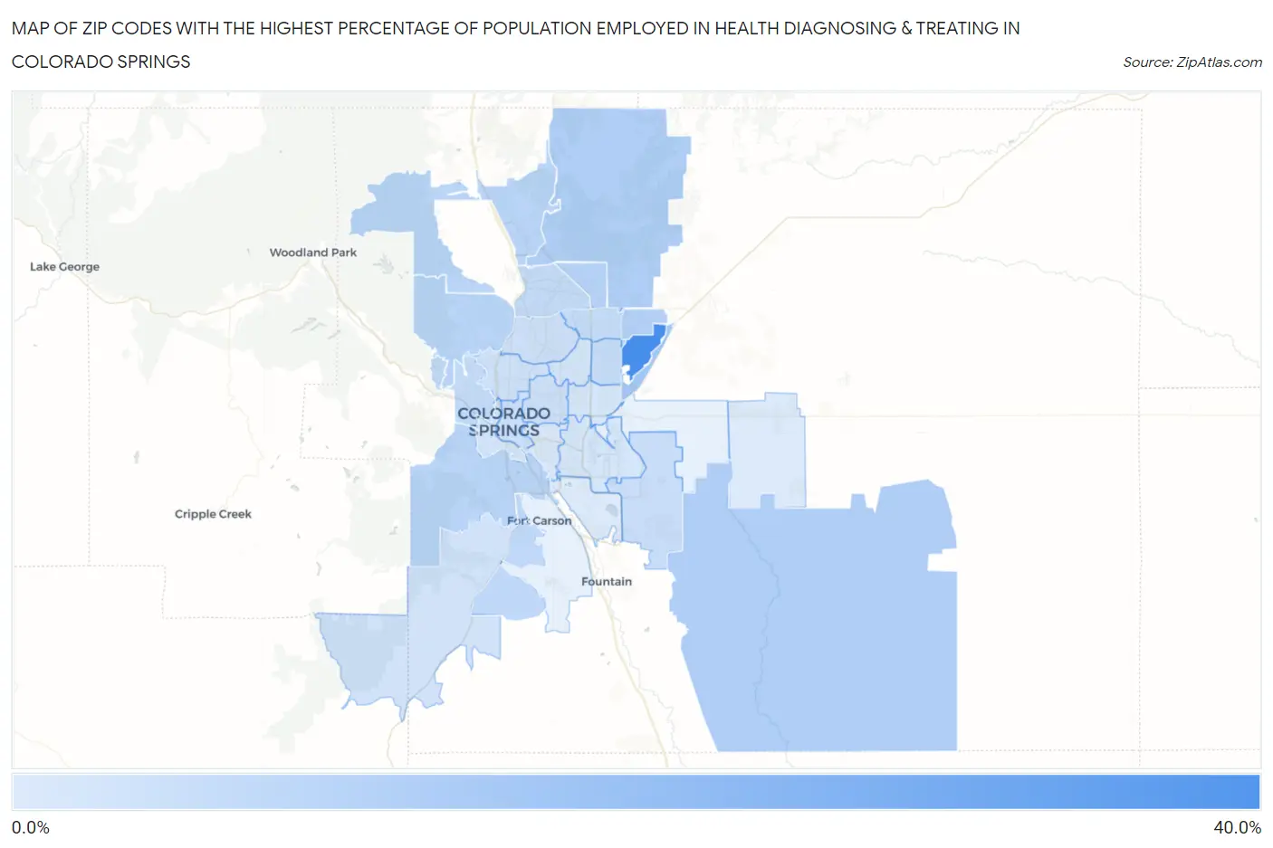 Zip Codes with the Highest Percentage of Population Employed in Health Diagnosing & Treating in Colorado Springs Map