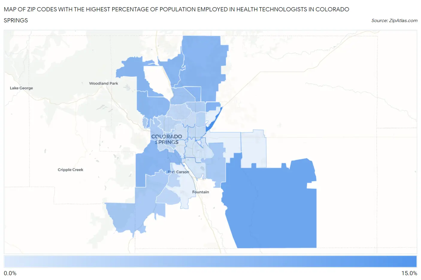 Zip Codes with the Highest Percentage of Population Employed in Health Technologists in Colorado Springs Map