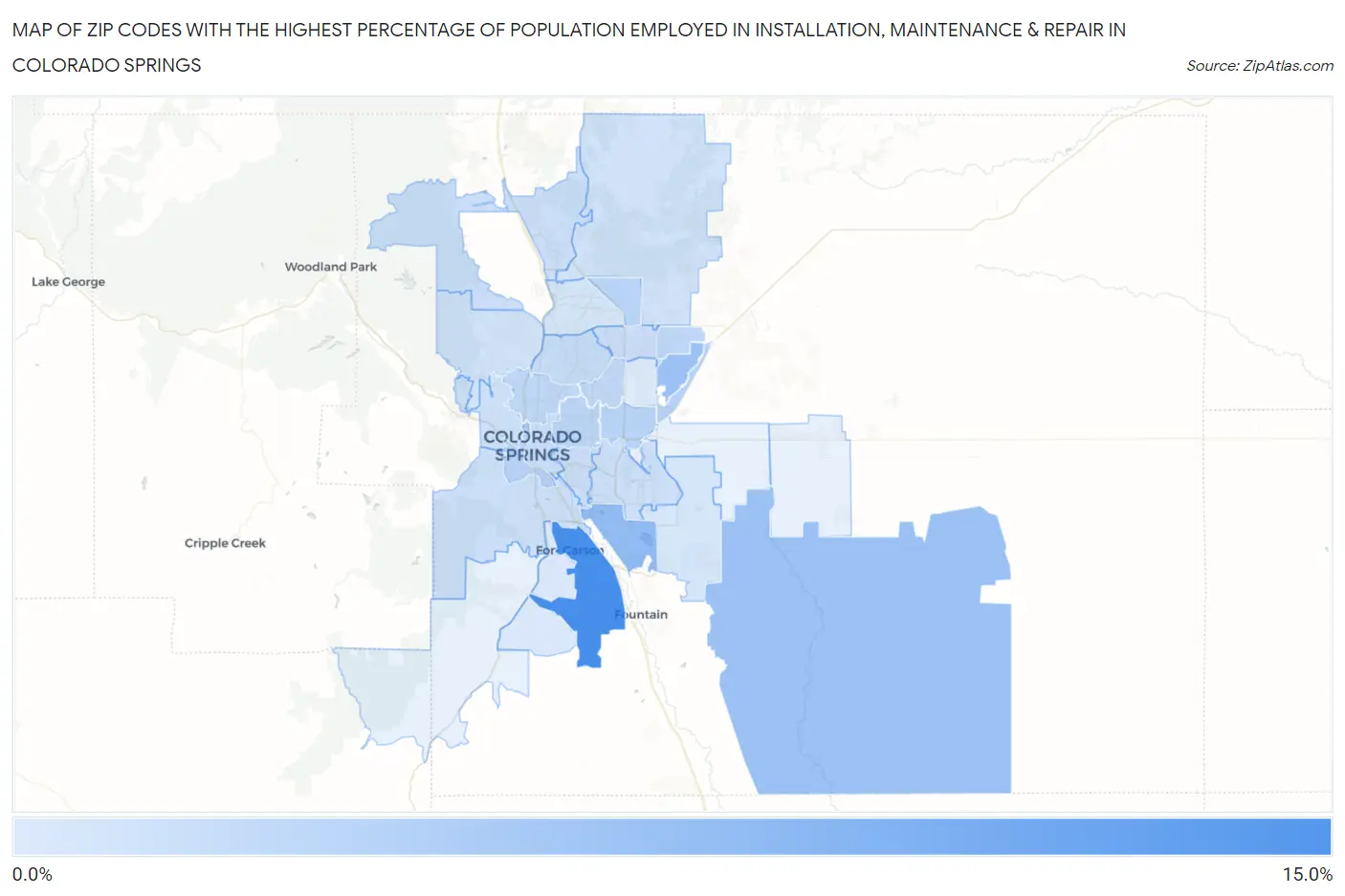 Zip Codes with the Highest Percentage of Population Employed in Installation, Maintenance & Repair in Colorado Springs Map