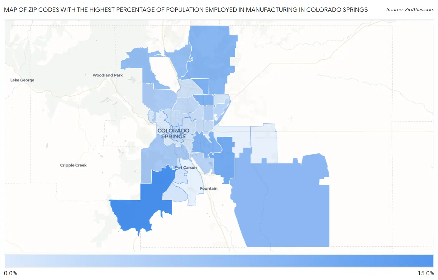 Zip Codes with the Highest Percentage of Population Employed in Manufacturing in Colorado Springs Map