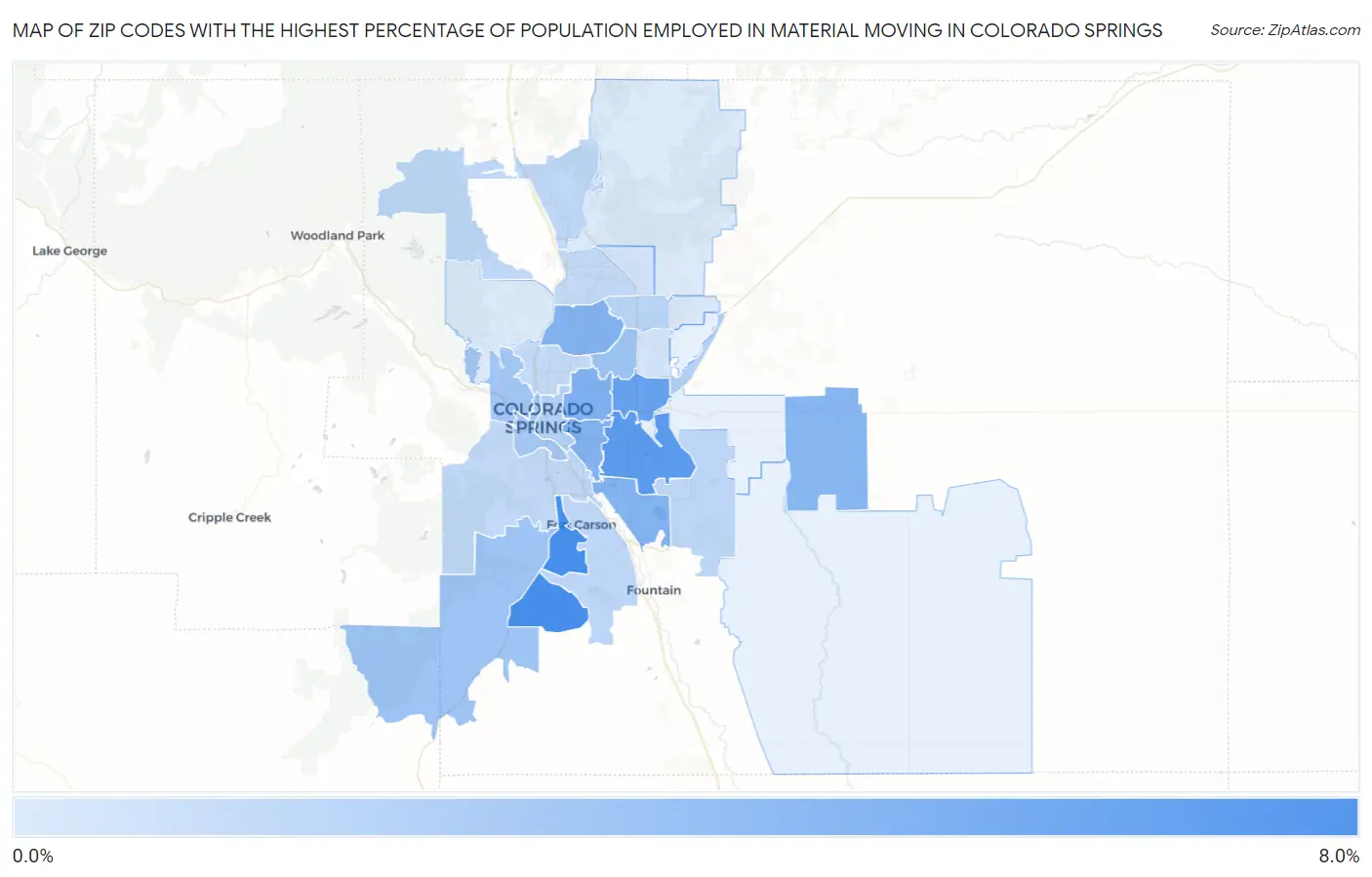 Zip Codes with the Highest Percentage of Population Employed in Material Moving in Colorado Springs Map