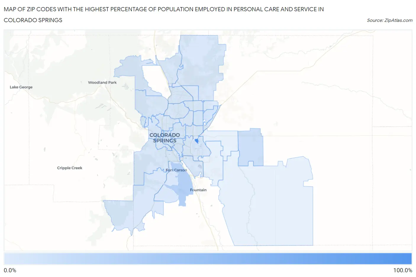 Zip Codes with the Highest Percentage of Population Employed in Personal Care and Service in Colorado Springs Map