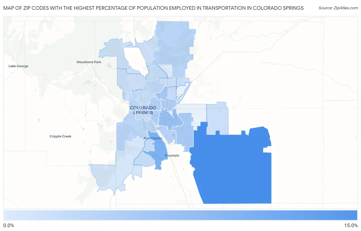 Zip Codes with the Highest Percentage of Population Employed in Transportation in Colorado Springs Map