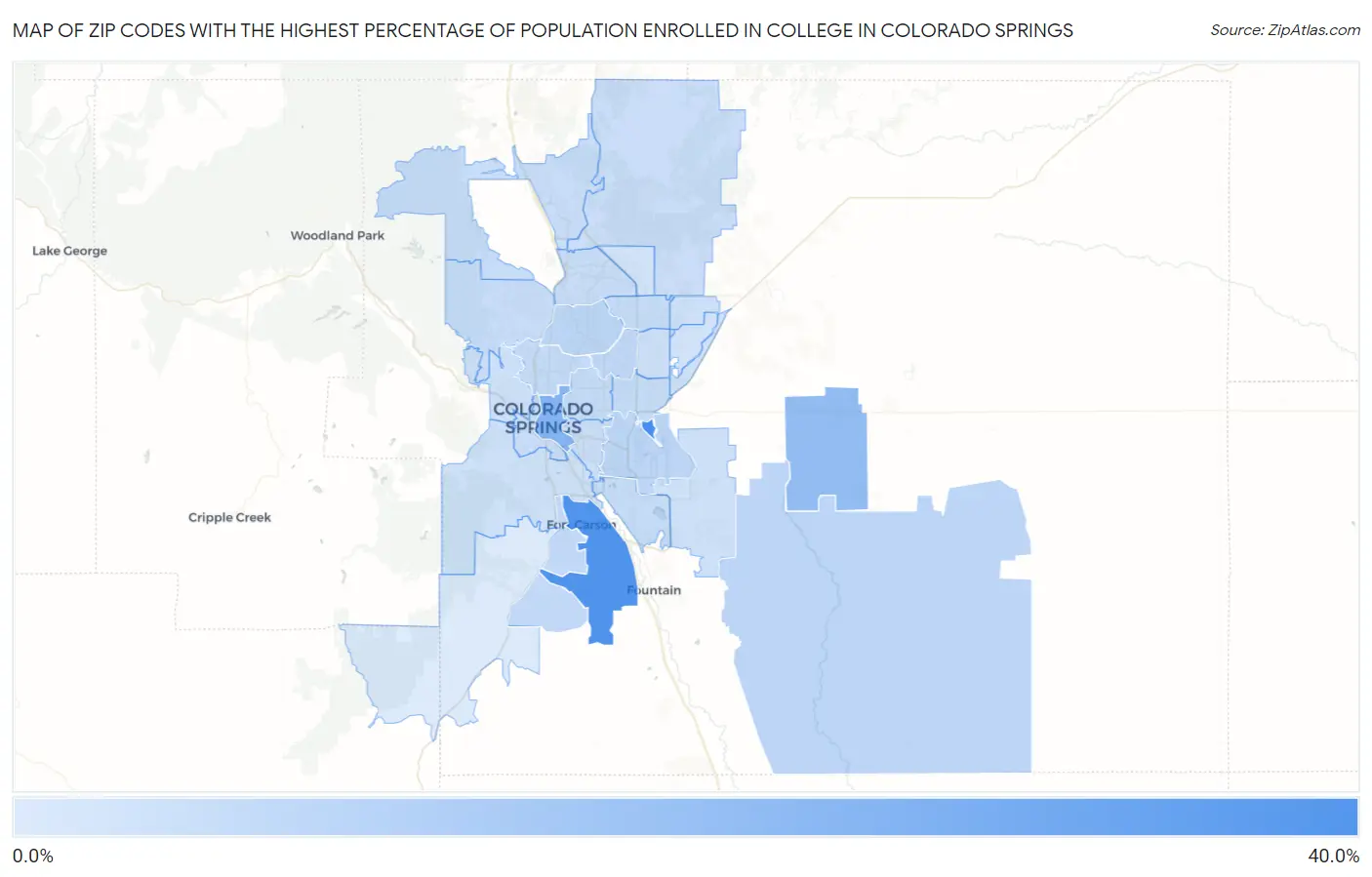 Zip Codes with the Highest Percentage of Population Enrolled in College in Colorado Springs Map