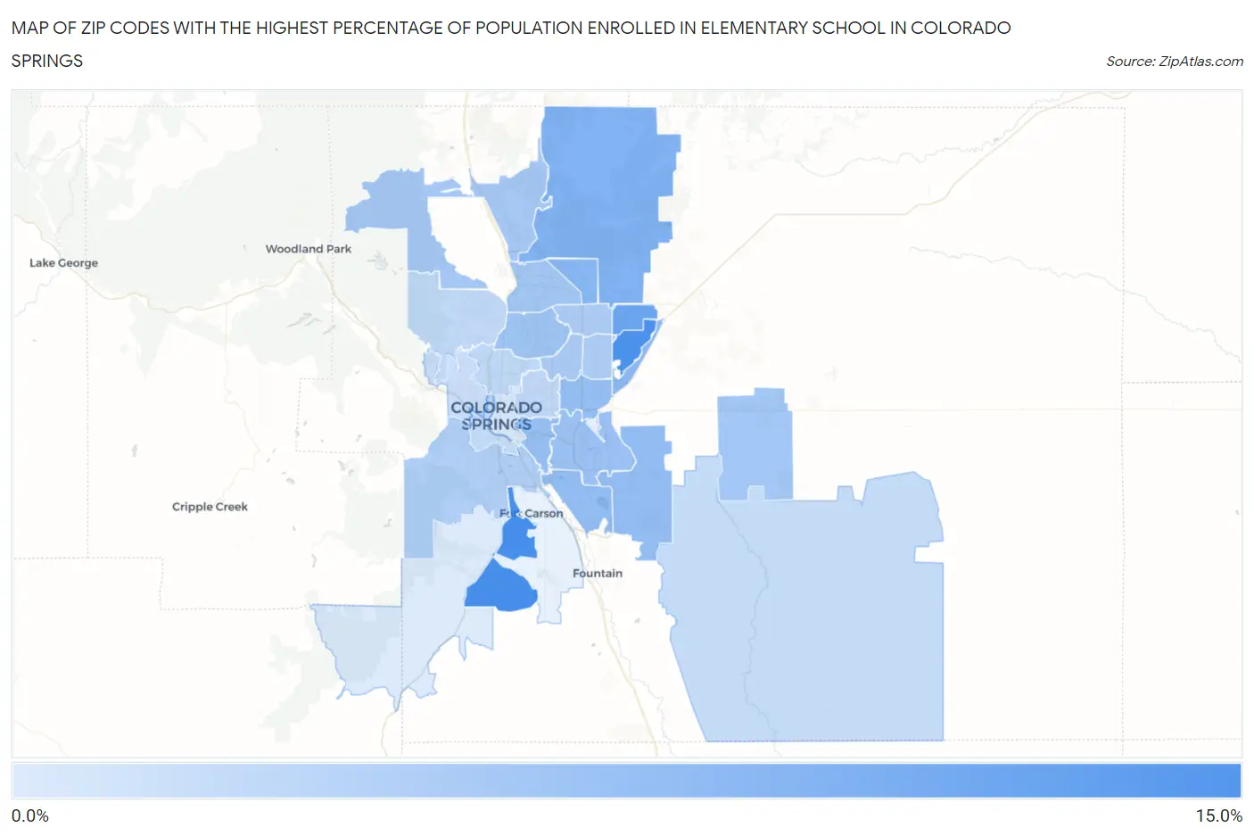 Zip Codes with the Highest Percentage of Population Enrolled in Elementary School in Colorado Springs Map