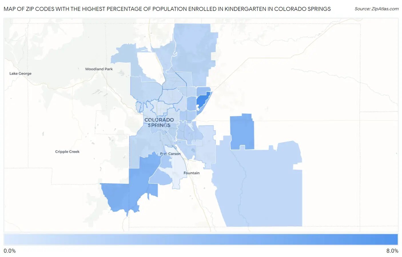 Zip Codes with the Highest Percentage of Population Enrolled in Kindergarten in Colorado Springs Map