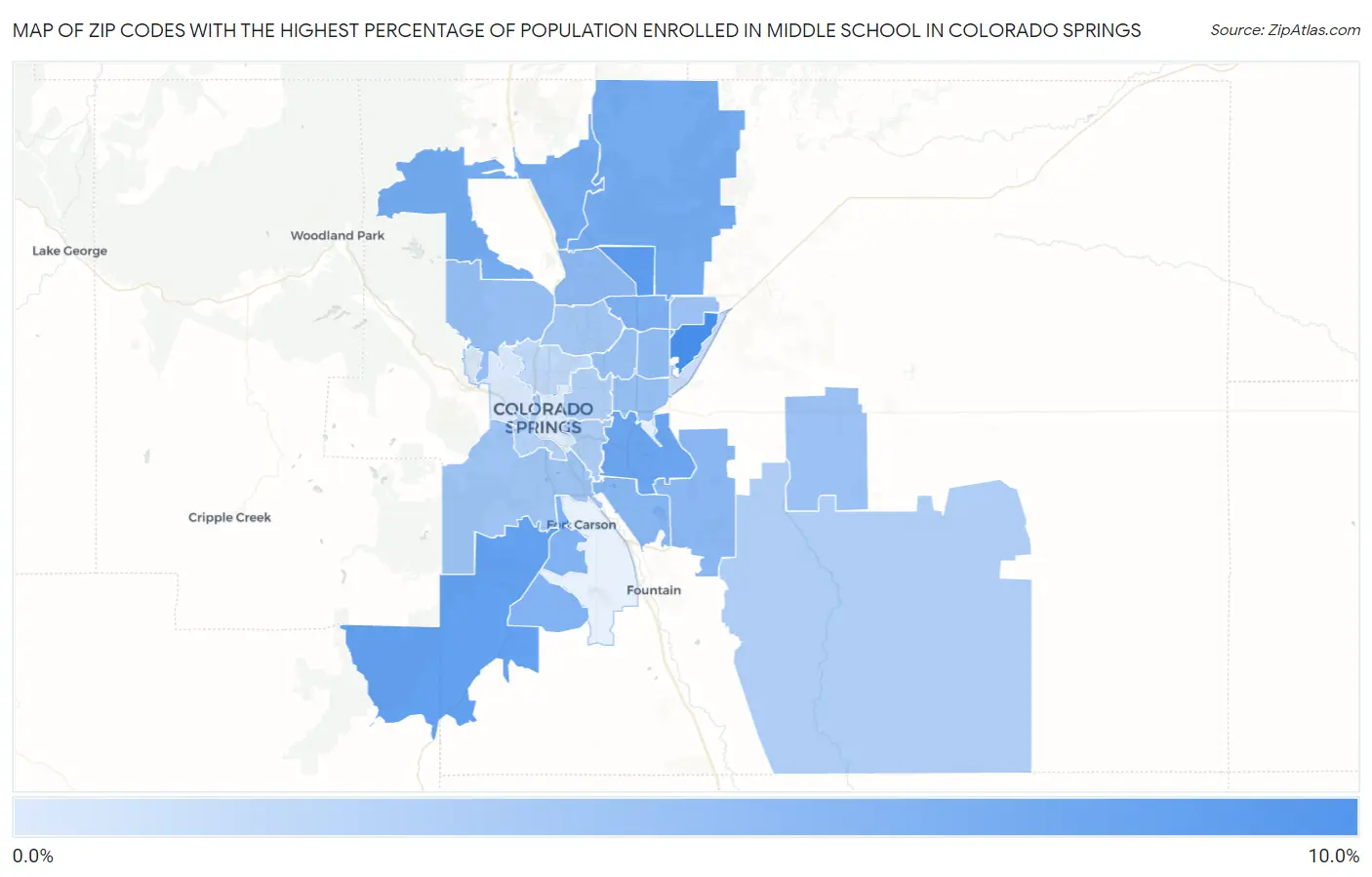 Zip Codes with the Highest Percentage of Population Enrolled in Middle School in Colorado Springs Map