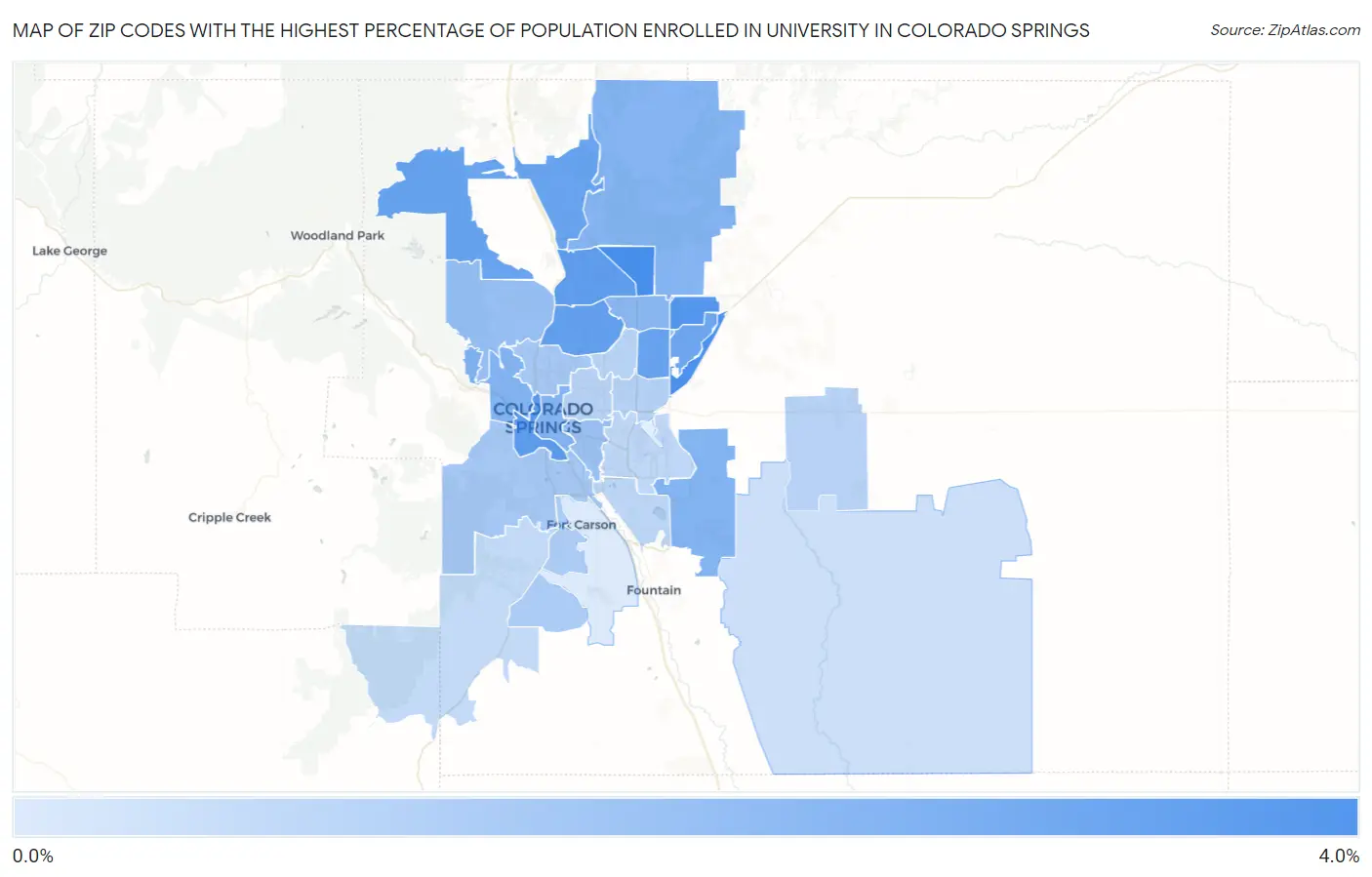 Zip Codes with the Highest Percentage of Population Enrolled in University in Colorado Springs Map