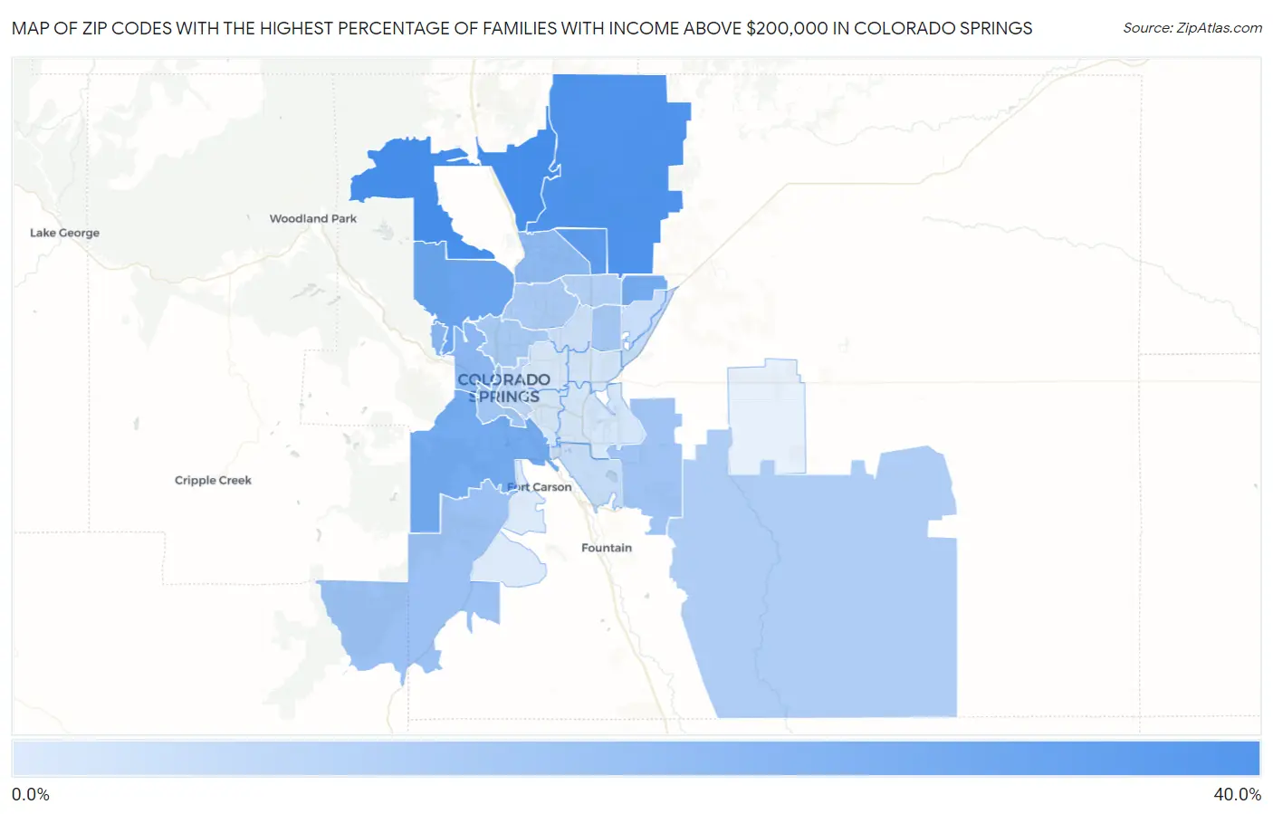 Zip Codes with the Highest Percentage of Families with Income Above $200,000 in Colorado Springs Map
