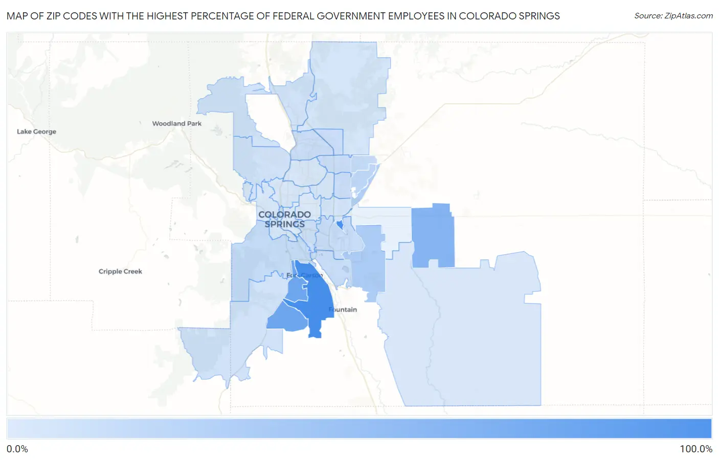 Zip Codes with the Highest Percentage of Federal Government Employees in Colorado Springs Map