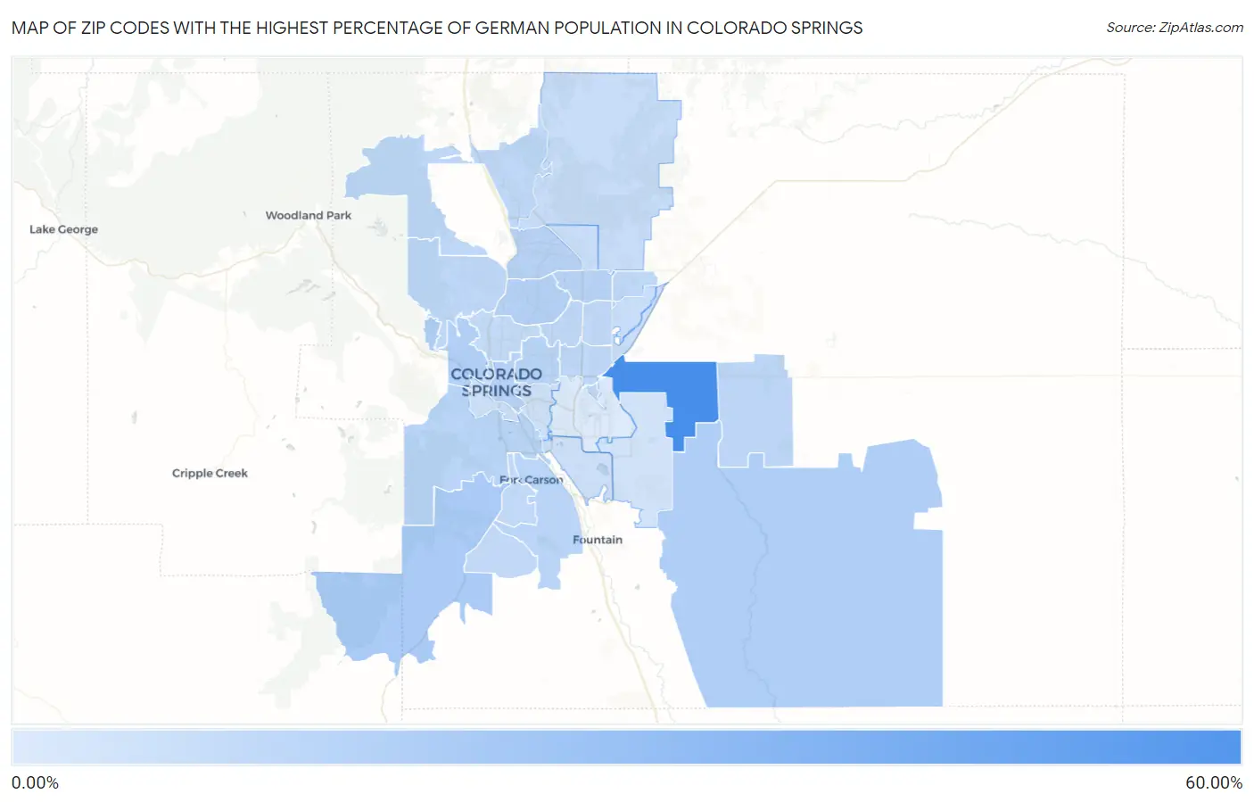 Zip Codes with the Highest Percentage of German Population in Colorado Springs Map