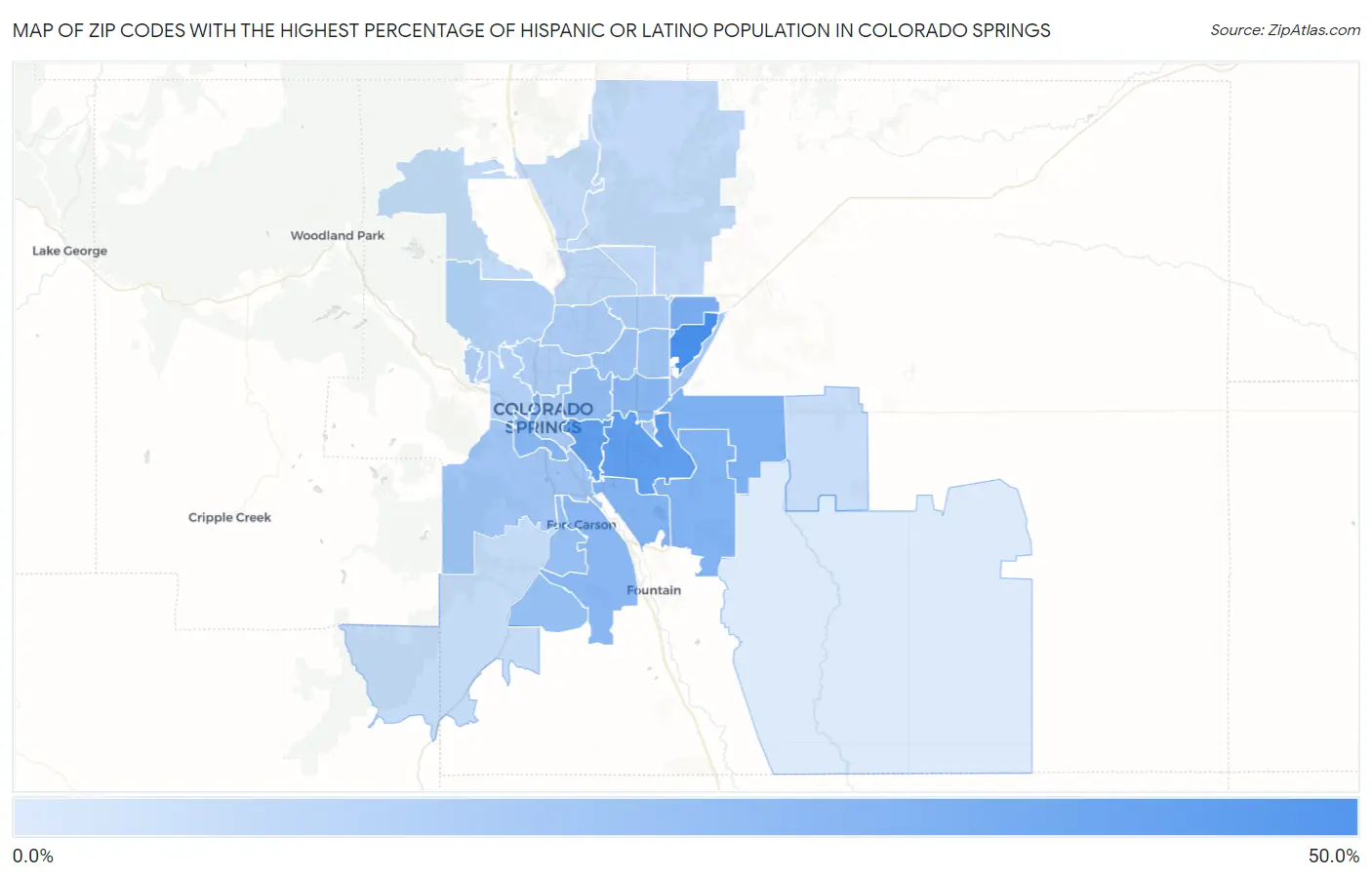 Zip Codes with the Highest Percentage of Hispanic or Latino Population in Colorado Springs Map