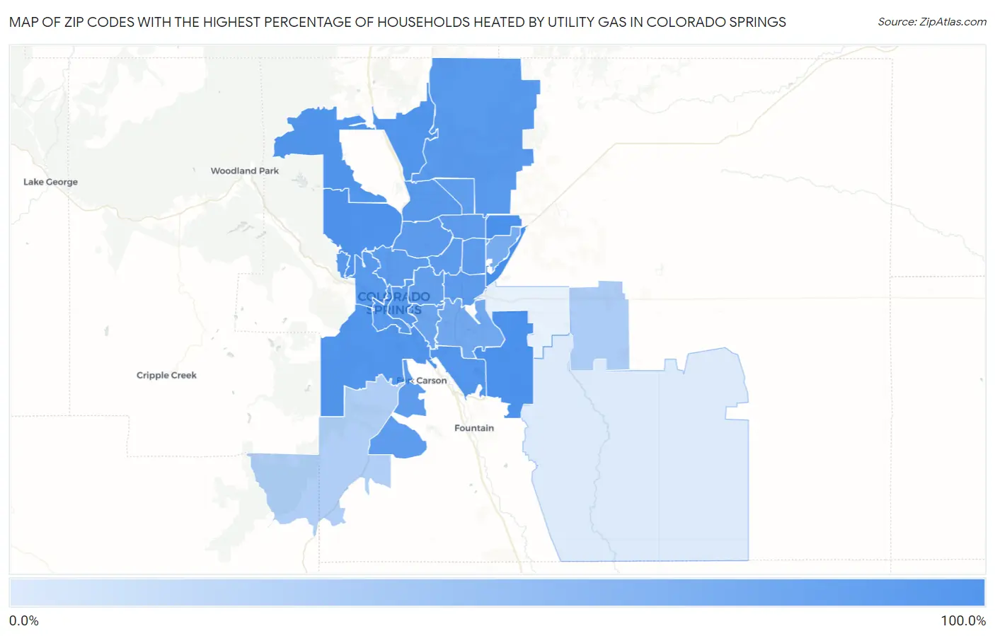 Zip Codes with the Highest Percentage of Households Heated by Utility Gas in Colorado Springs Map