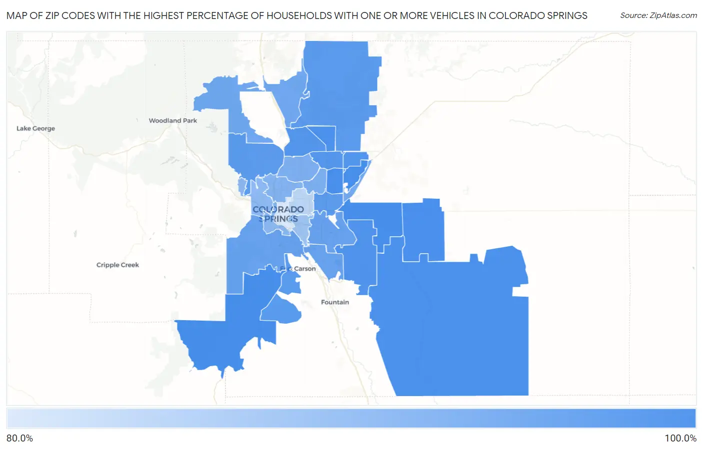 Zip Codes with the Highest Percentage of Households With One or more Vehicles in Colorado Springs Map