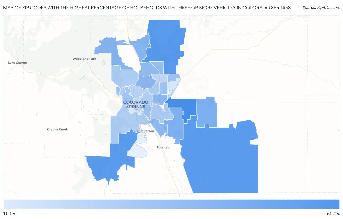 Zip Codes with the Highest Percentage of Households With Three or more Vehicles in Colorado Springs Map