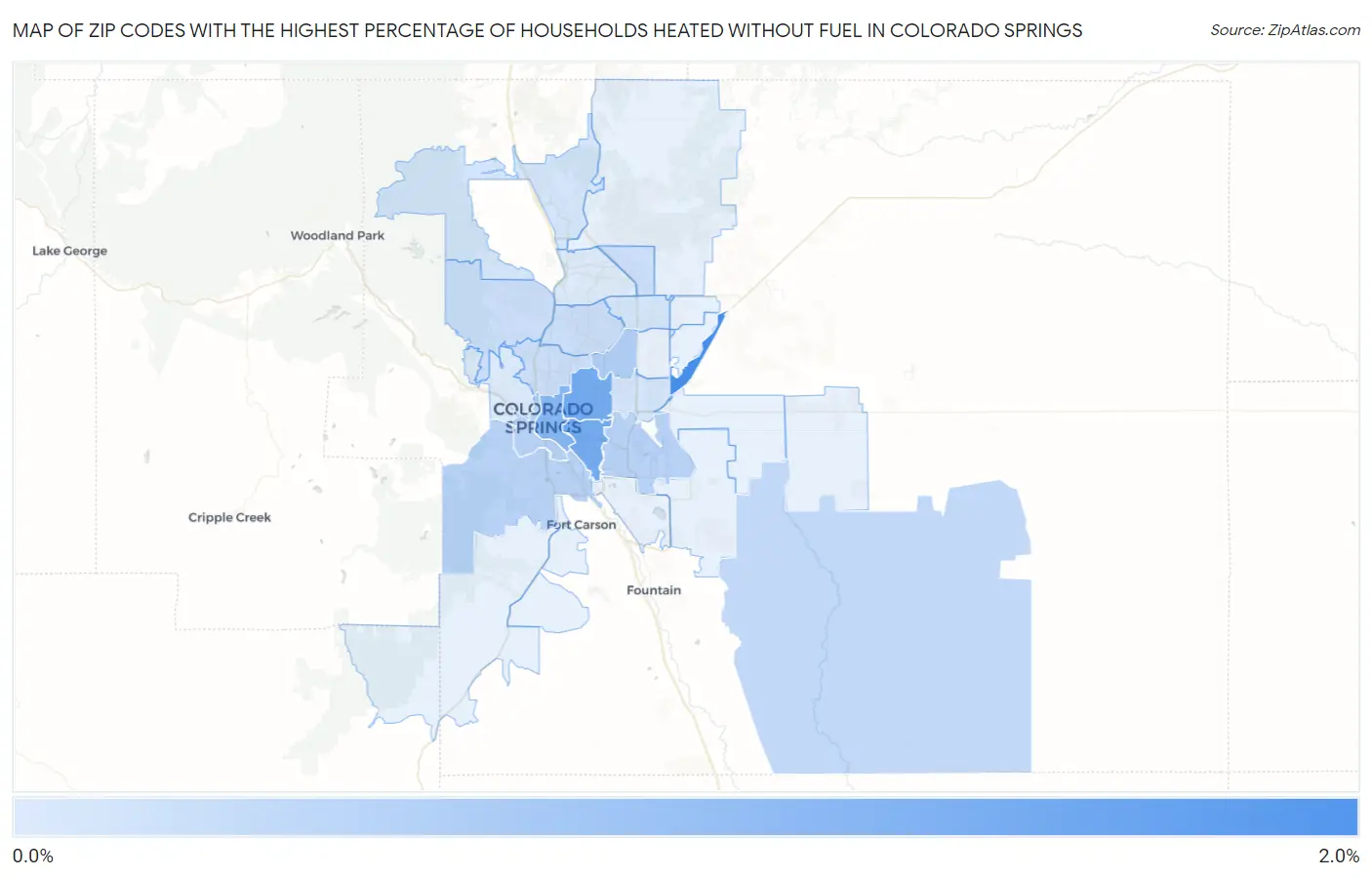Zip Codes with the Highest Percentage of Households Heated without Fuel in Colorado Springs Map