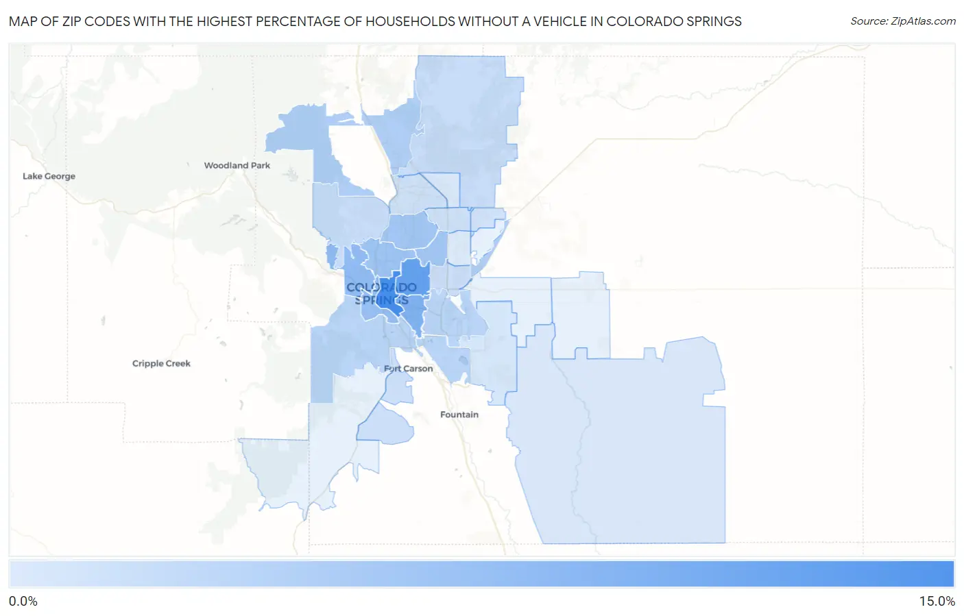 Zip Codes with the Highest Percentage of Households Without a Vehicle in Colorado Springs Map