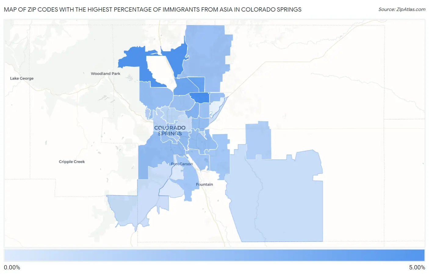 Zip Codes with the Highest Percentage of Immigrants from Asia in Colorado Springs Map