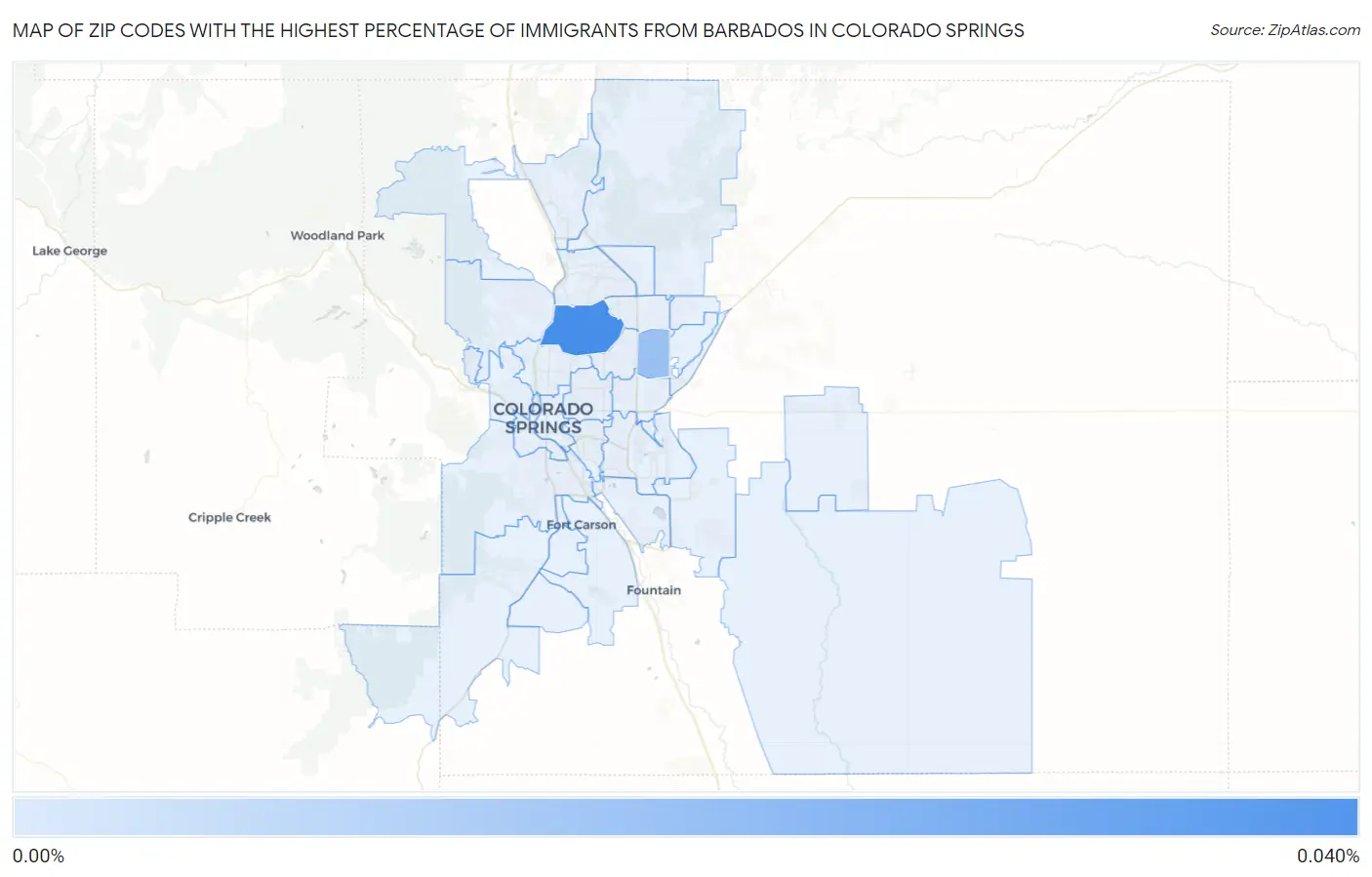Zip Codes with the Highest Percentage of Immigrants from Barbados in Colorado Springs Map