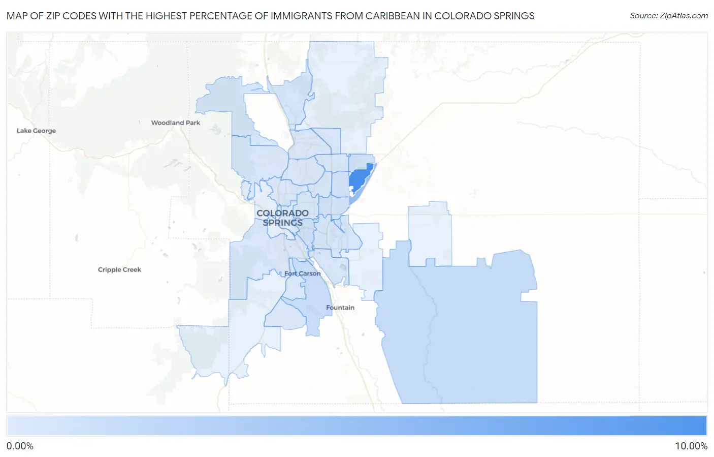 Zip Codes with the Highest Percentage of Immigrants from Caribbean in Colorado Springs Map