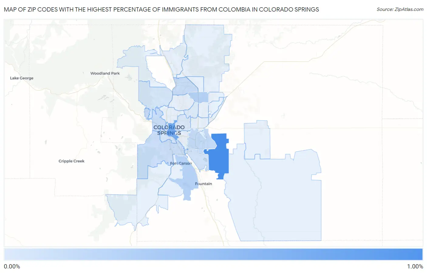 Zip Codes with the Highest Percentage of Immigrants from Colombia in Colorado Springs Map