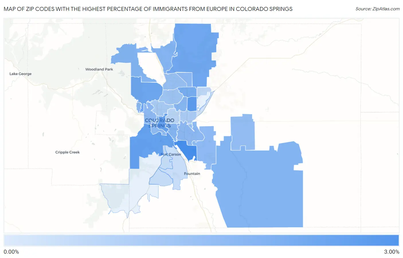 Zip Codes with the Highest Percentage of Immigrants from Europe in Colorado Springs Map