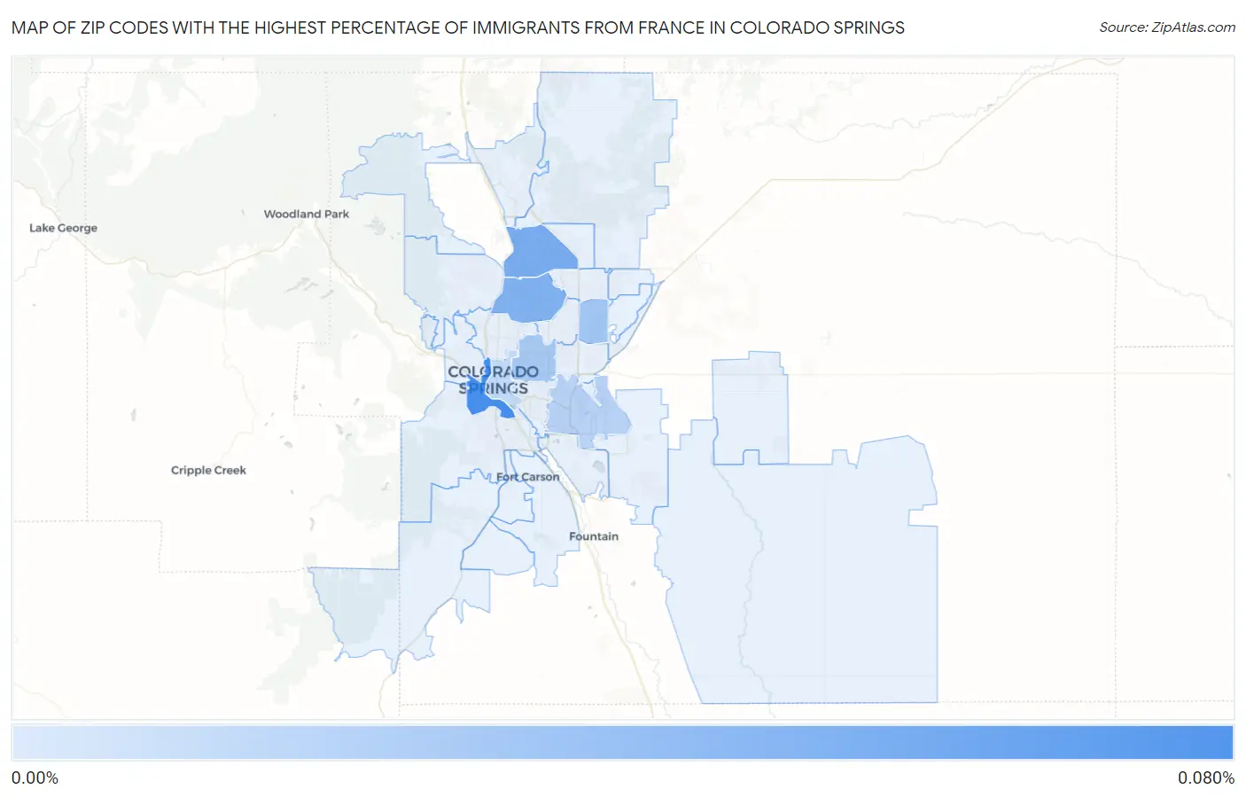 Zip Codes with the Highest Percentage of Immigrants from France in Colorado Springs Map