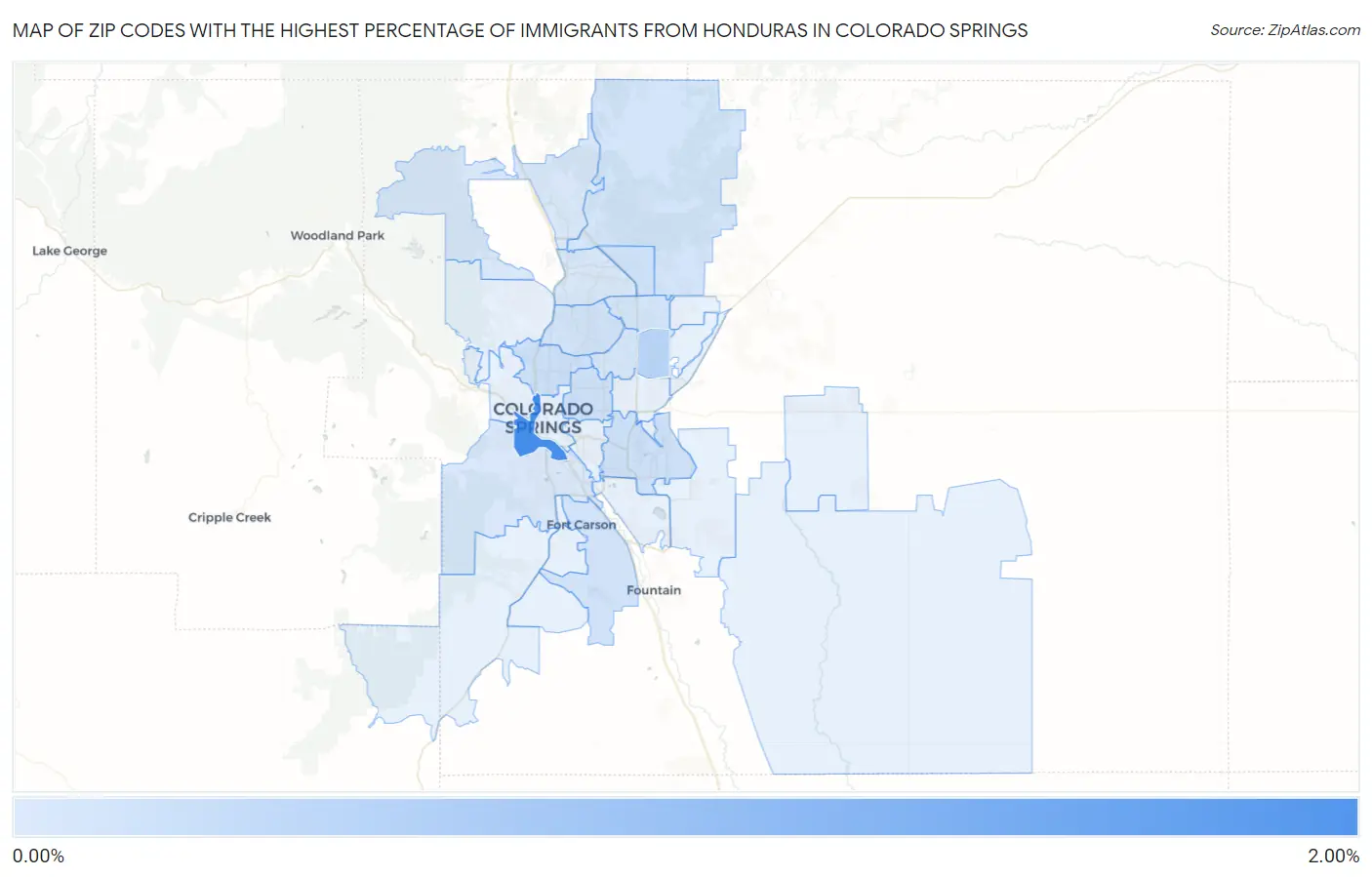 Zip Codes with the Highest Percentage of Immigrants from Honduras in Colorado Springs Map