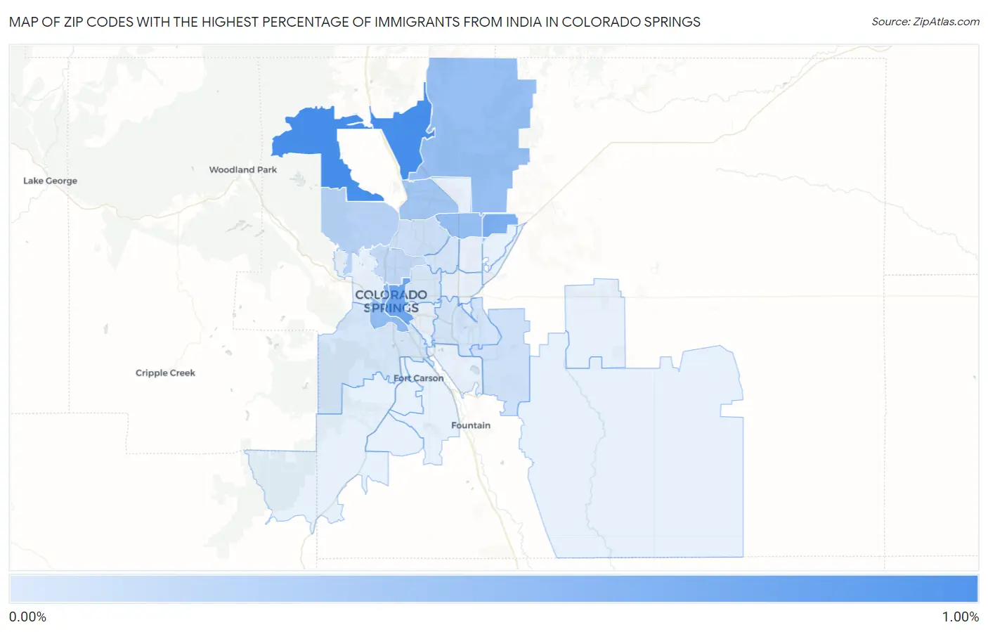 Zip Codes with the Highest Percentage of Immigrants from India in Colorado Springs Map