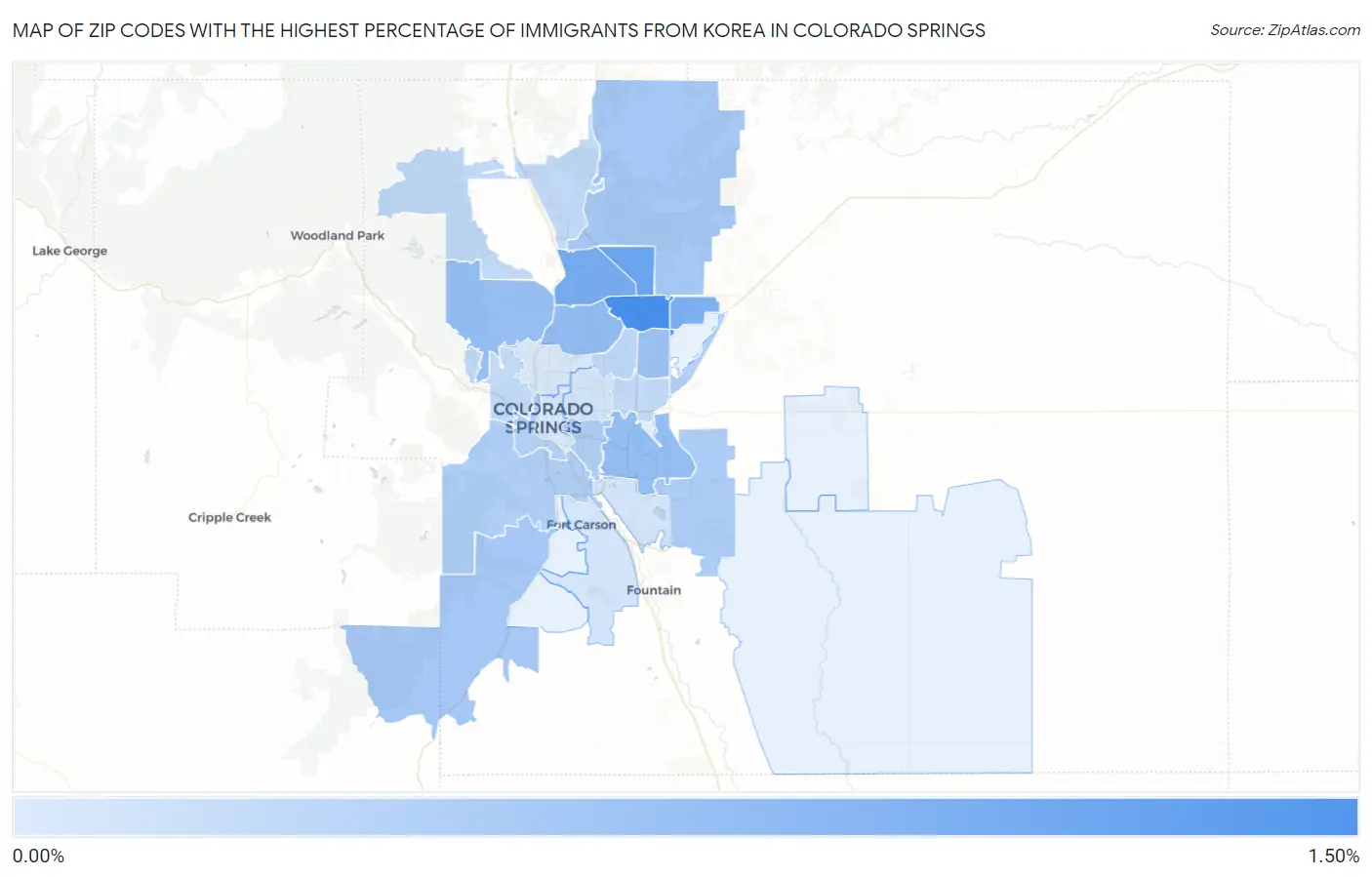 Zip Codes with the Highest Percentage of Immigrants from Korea in Colorado Springs Map