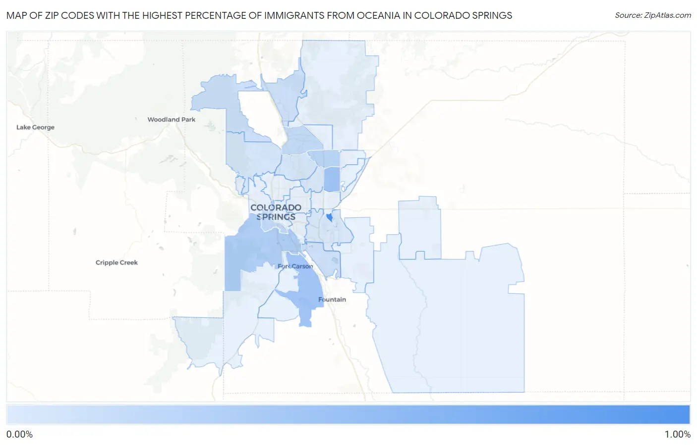Zip Codes with the Highest Percentage of Immigrants from Oceania in Colorado Springs Map